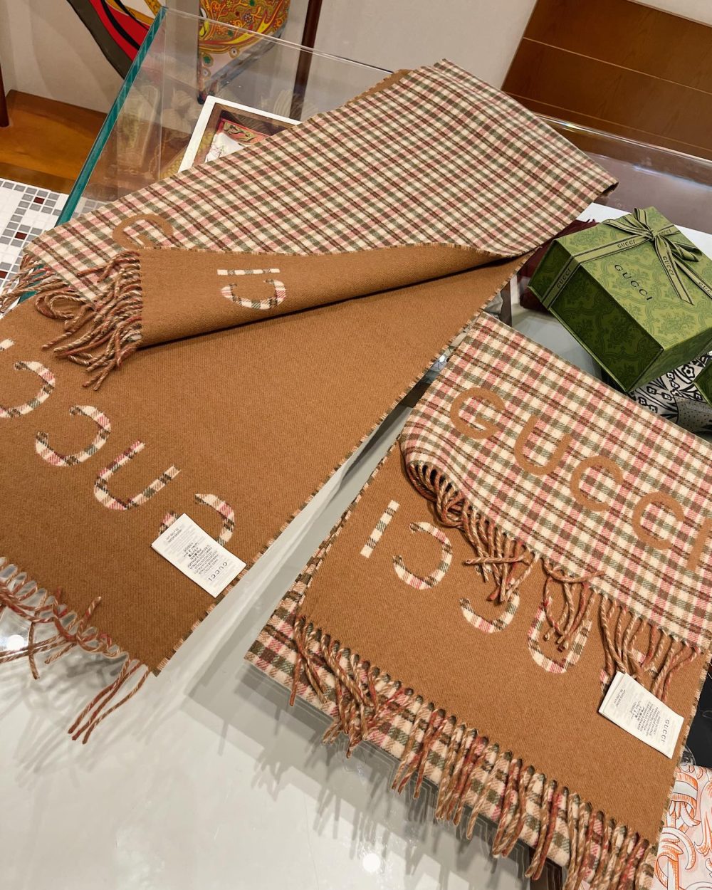 Gucci GG And Tartan Wool Jacquard Scarf Brown 79in/200cm 