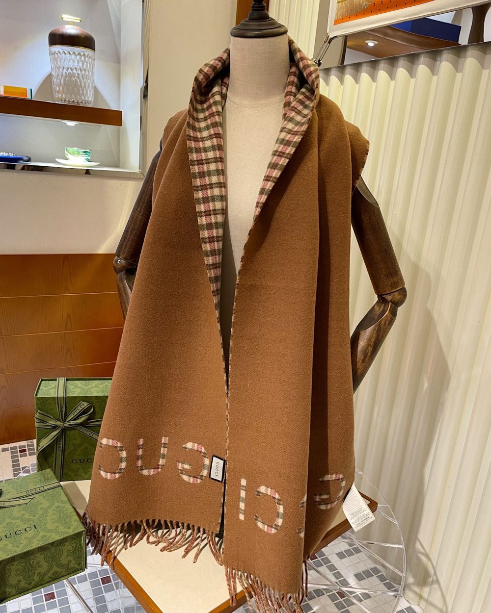 Gucci GG And Tartan Wool Jacquard Scarf Brown 79in/200cm 