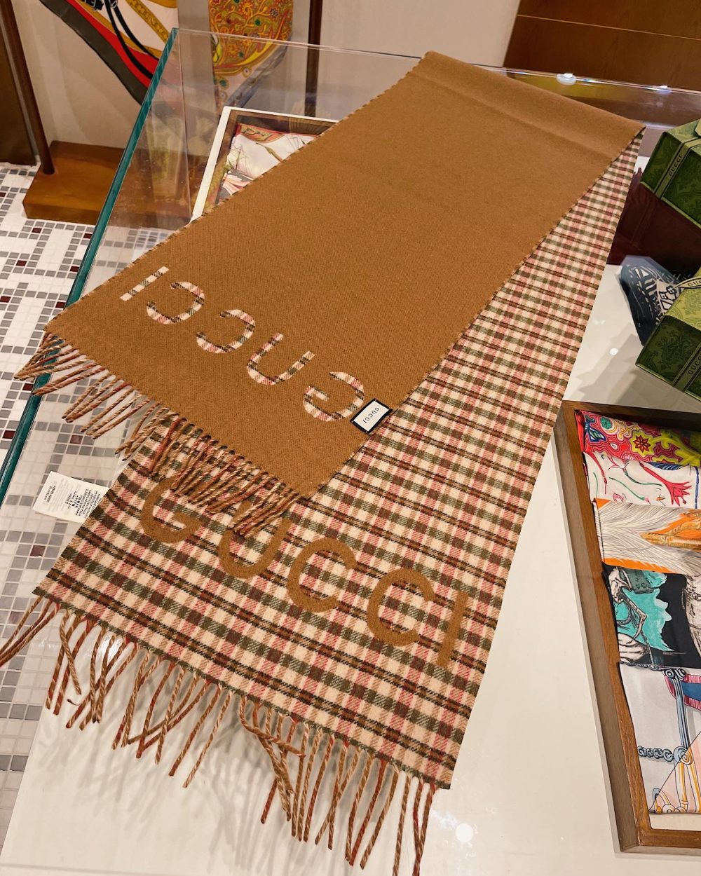 Gucci GG And Tartan Wool Jacquard Scarf Brown 79in/200cm 
