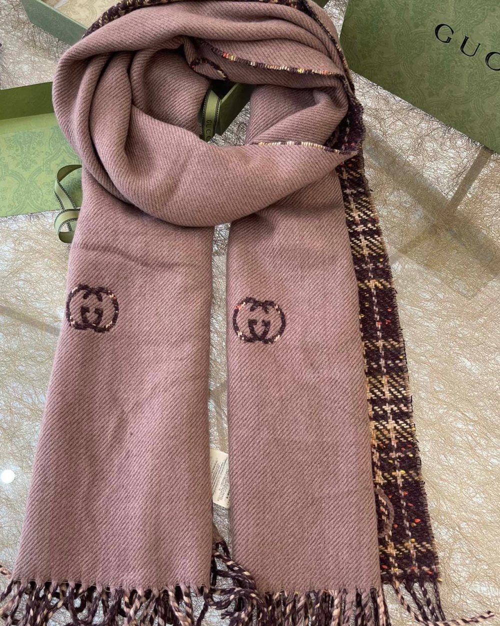 Gucci GG And Tartan Wool Jacquard Scarf Purple/Brown 77in/195cm 