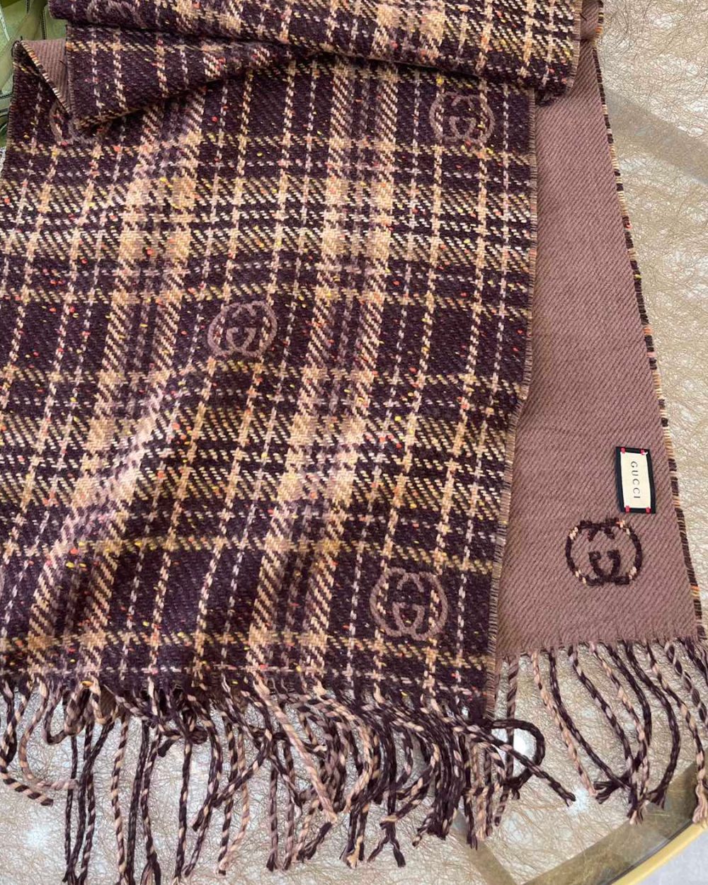 Gucci GG And Tartan Wool Jacquard Scarf Purple/Brown 77in/195cm 