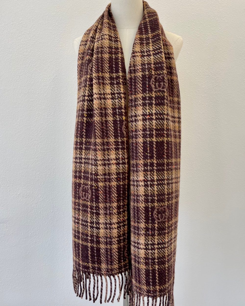 Gucci GG And Tartan Wool Jacquard Scarf Purple/Brown 77in/195cm 