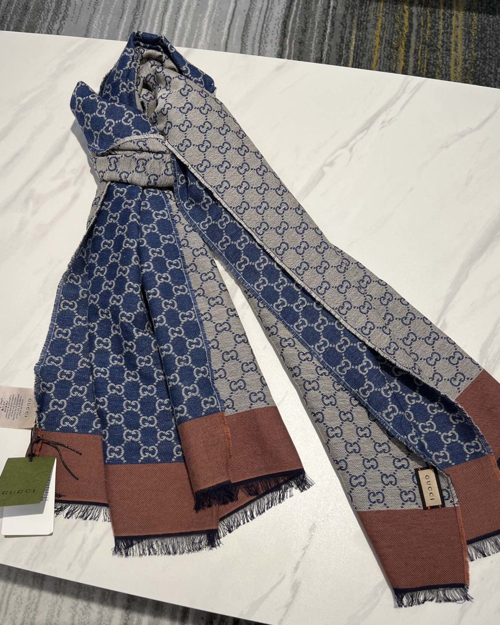 Gucci GG Cotton Jacquard Stole Scarf Blue 79in/200cm 