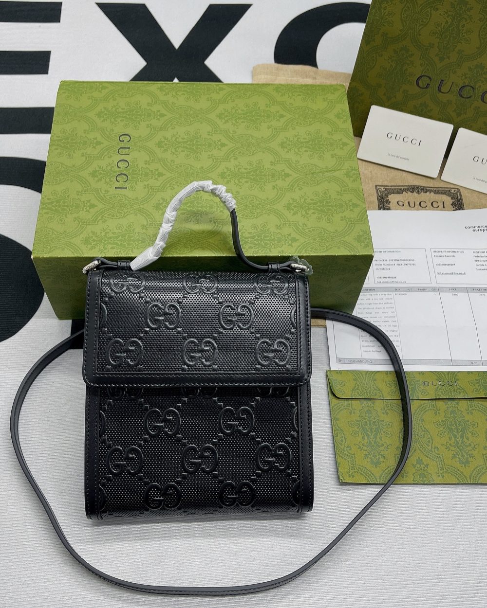 1:1 Replica Gucci GG Embossed Messenger Bag Black GG Embossed For Men 8.1in/20.5cm GG 625782 1W3AN 1000465
