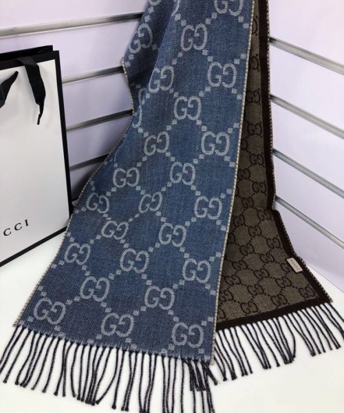 Gucci GG Jacquard Knit Scarf With Tassels Blue/Brown 67in/170cm