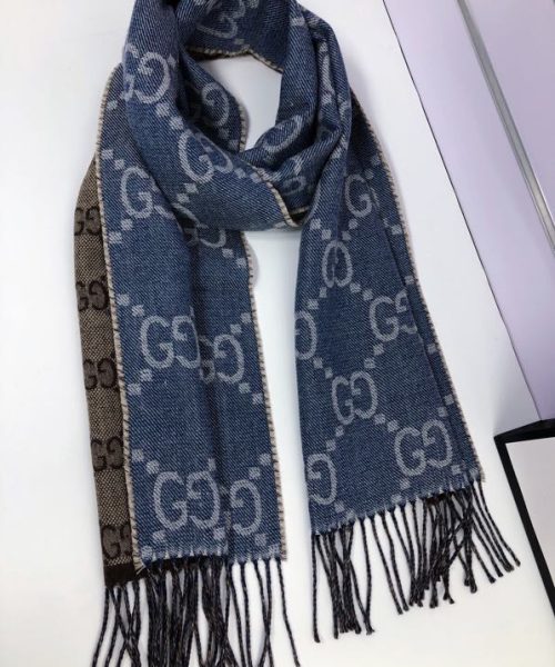 Gucci GG Jacquard Knit Scarf With Tassels Blue/Brown 67in/170cm 