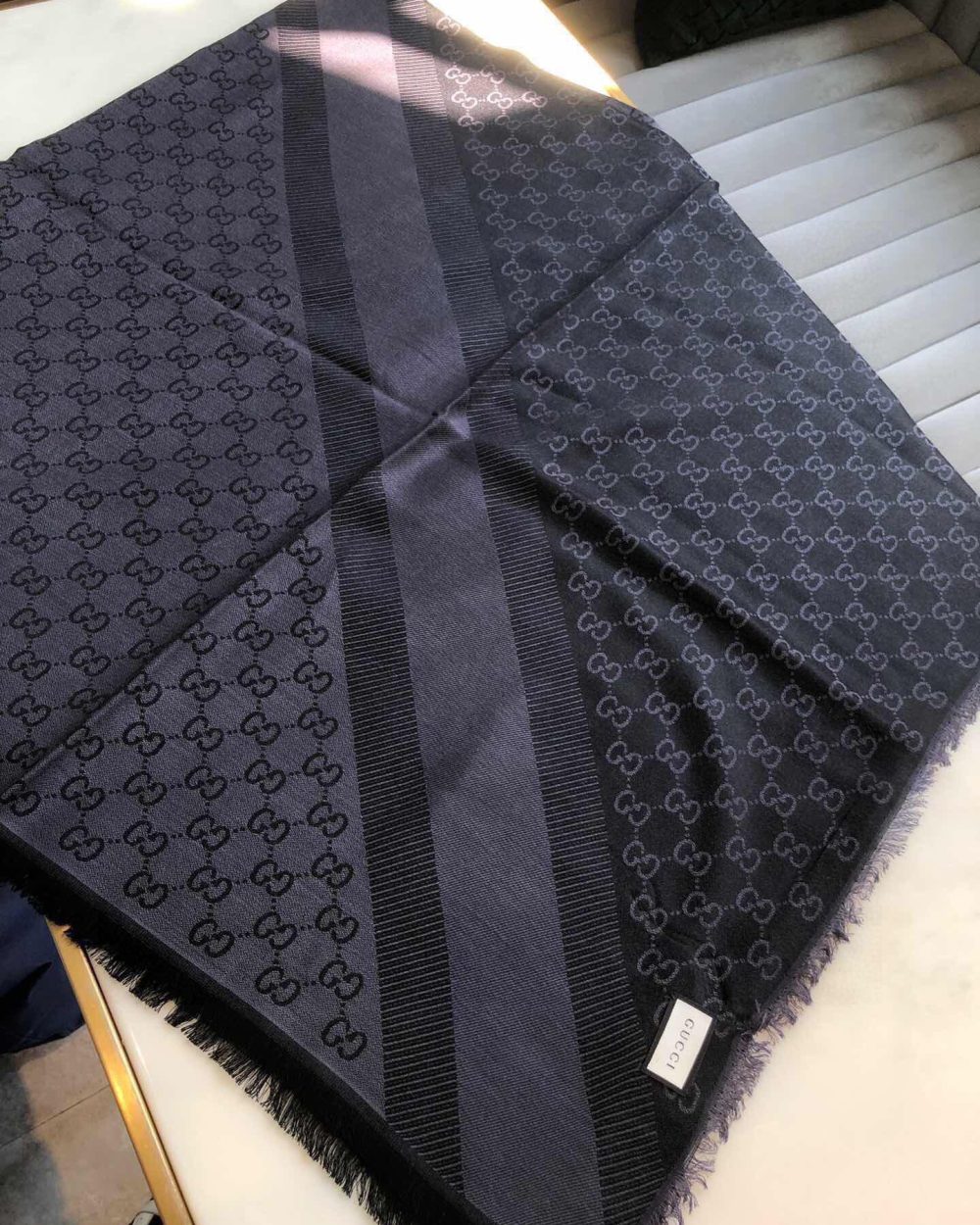 Gucci GG Jacquard Silk Wool Shawl Black 55in/140cm