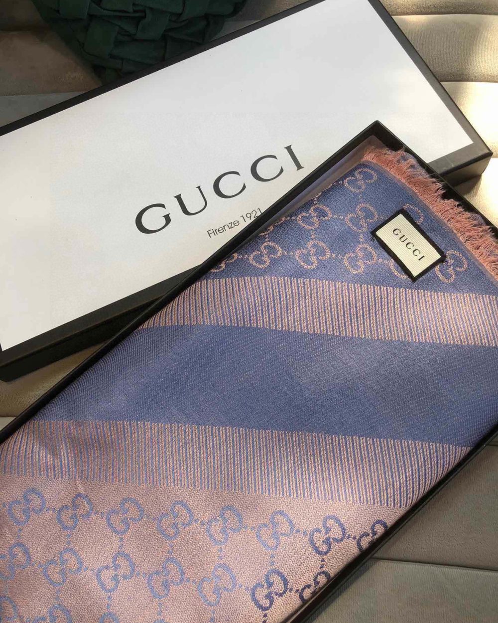 Gucci GG Jacquard Silk Wool Shawl Blue/Brown 55in/140cm