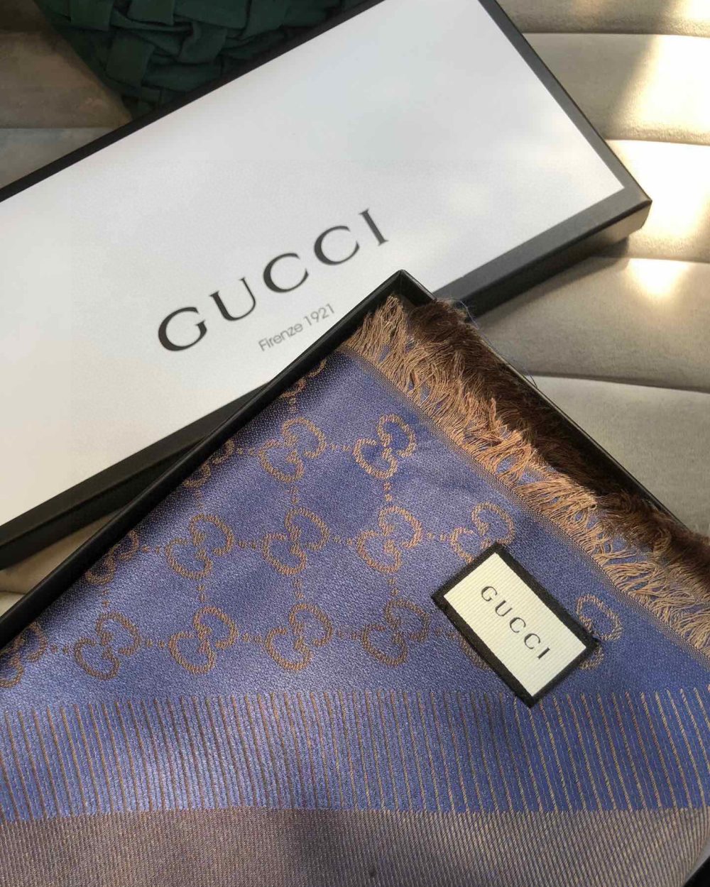 Gucci GG Jacquard Silk Wool Shawl Blue/Brown 55in/140cm