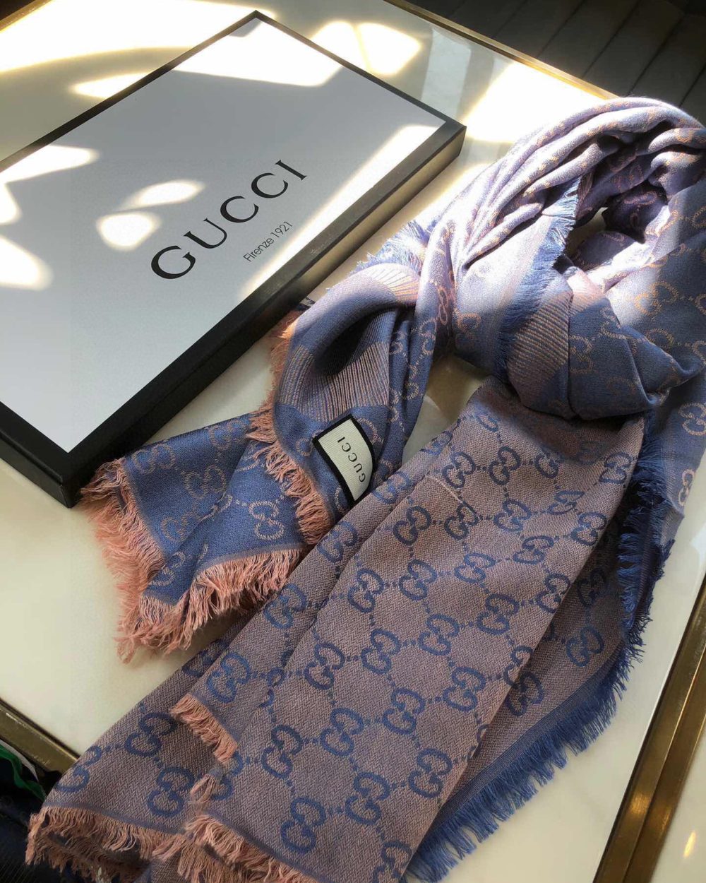 Gucci GG Jacquard Silk Wool Shawl Blue/Brown 55in/140cm