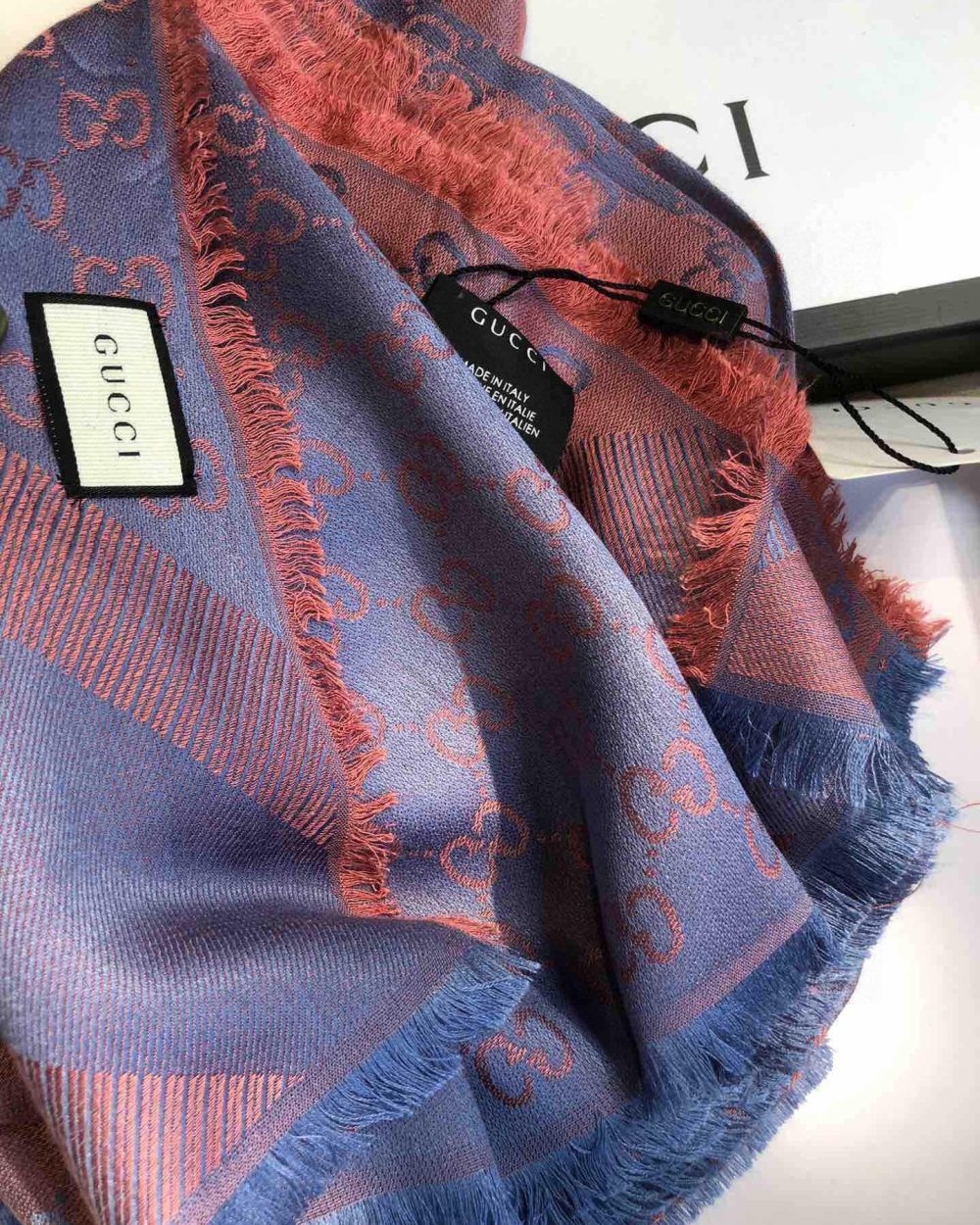 Gucci GG Jacquard Silk Wool Shawl Blue/Orange 55in/140cm