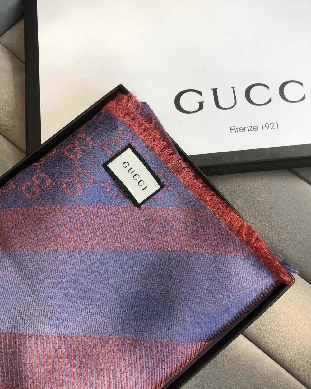 Gucci GG Jacquard Silk Wool Shawl Blue/Orange 55in/140cm