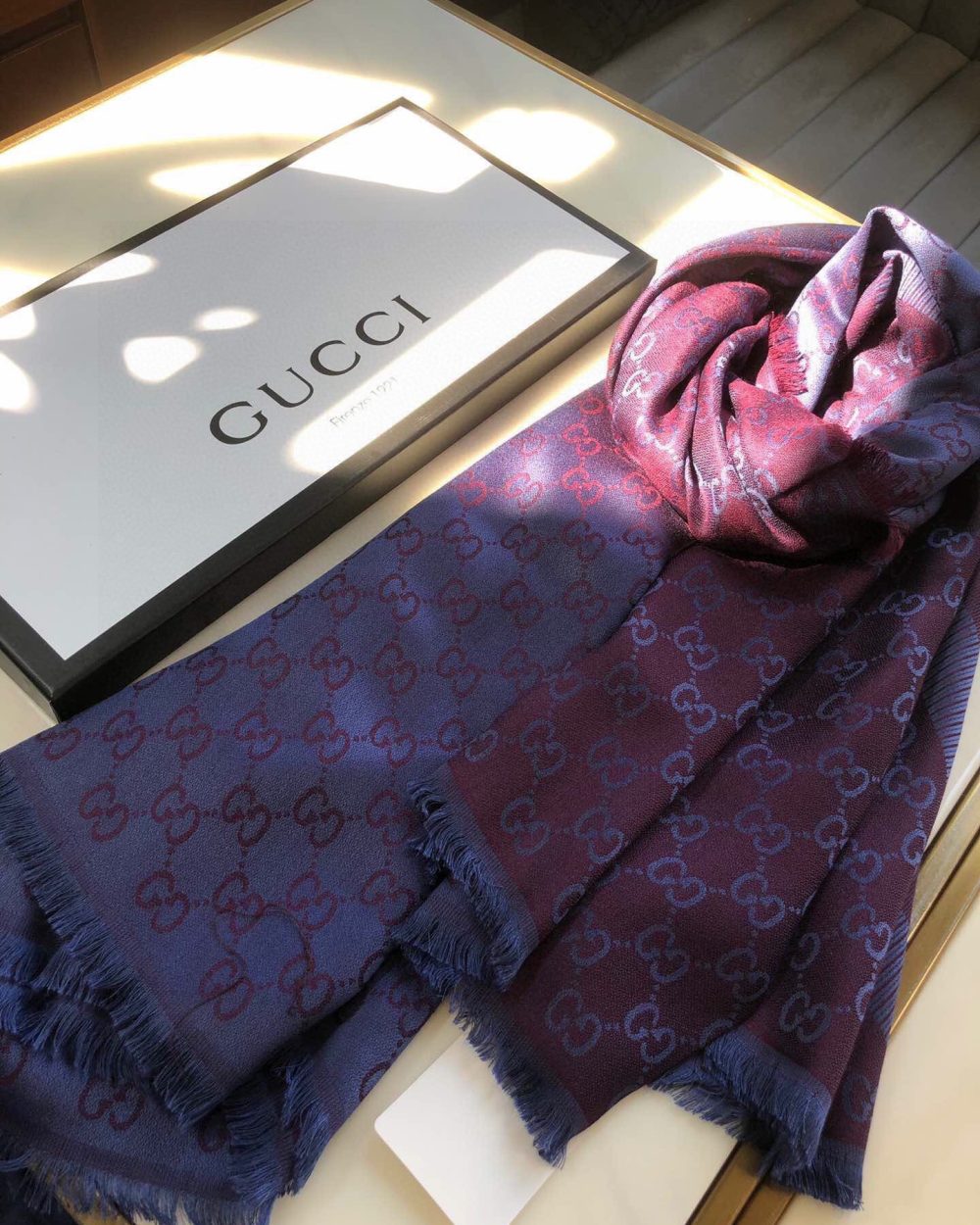 Gucci GG Jacquard Silk Wool Shawl Blue/Purple 55in/140cm