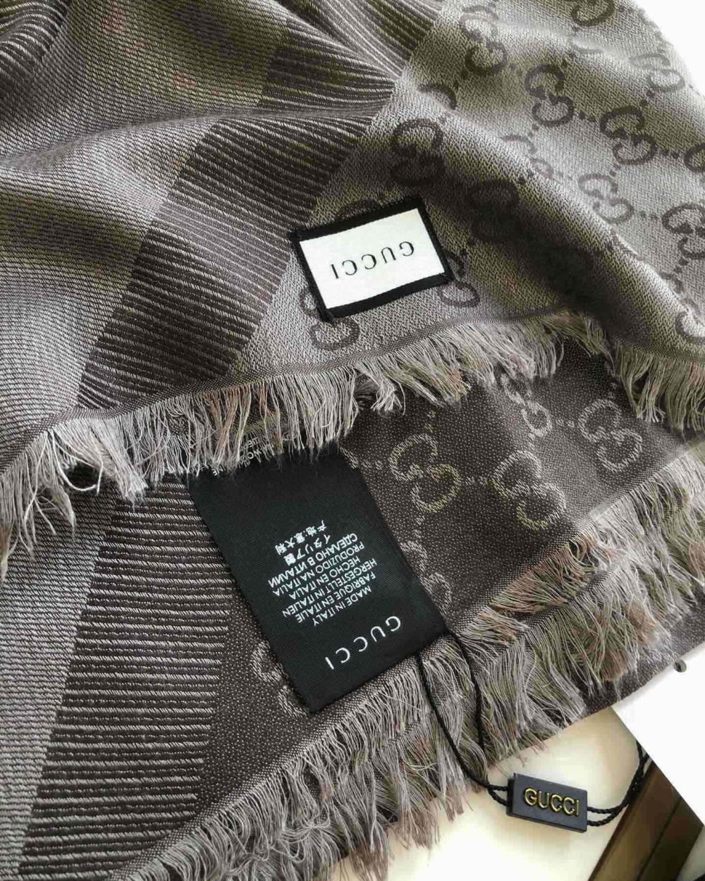 Gucci GG Jacquard Silk Wool Shawl Grey 55in/140cm