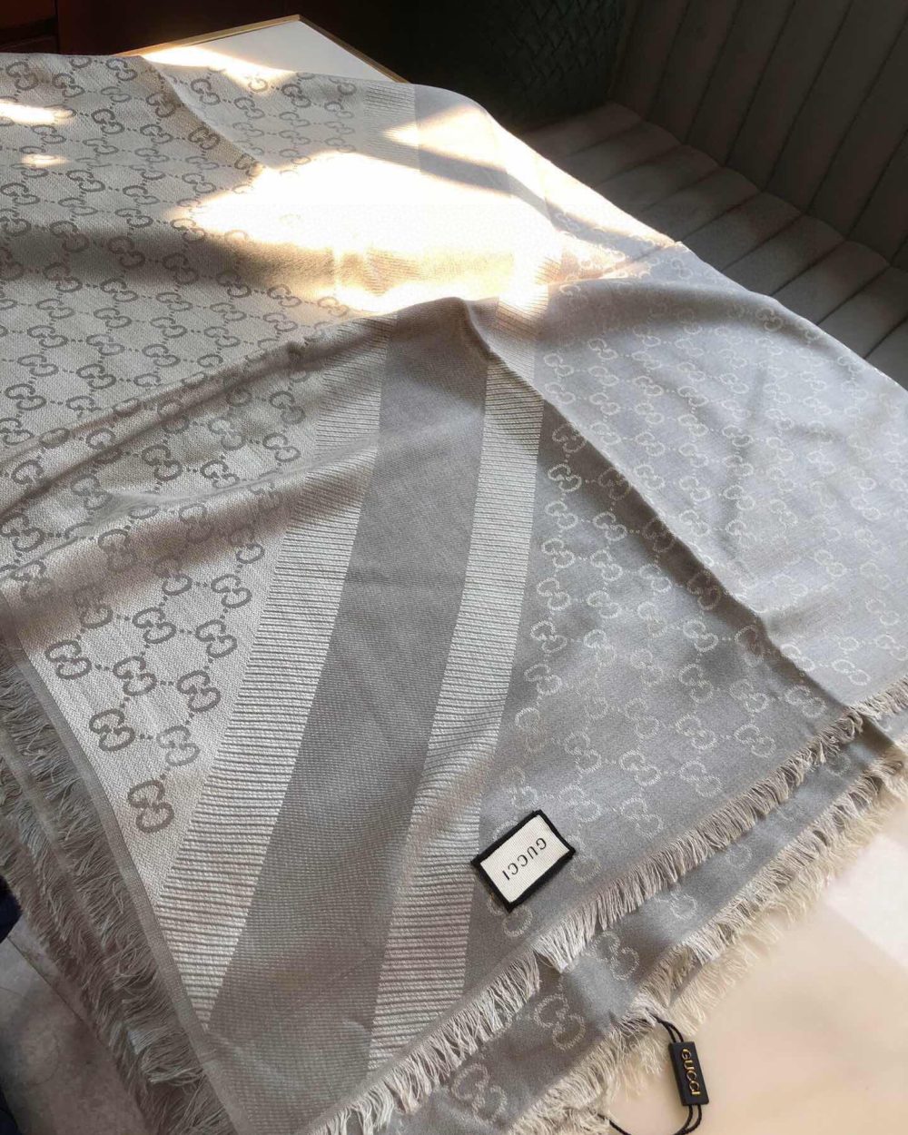 Gucci GG Jacquard Silk Wool Shawl Grey 55in/140cm