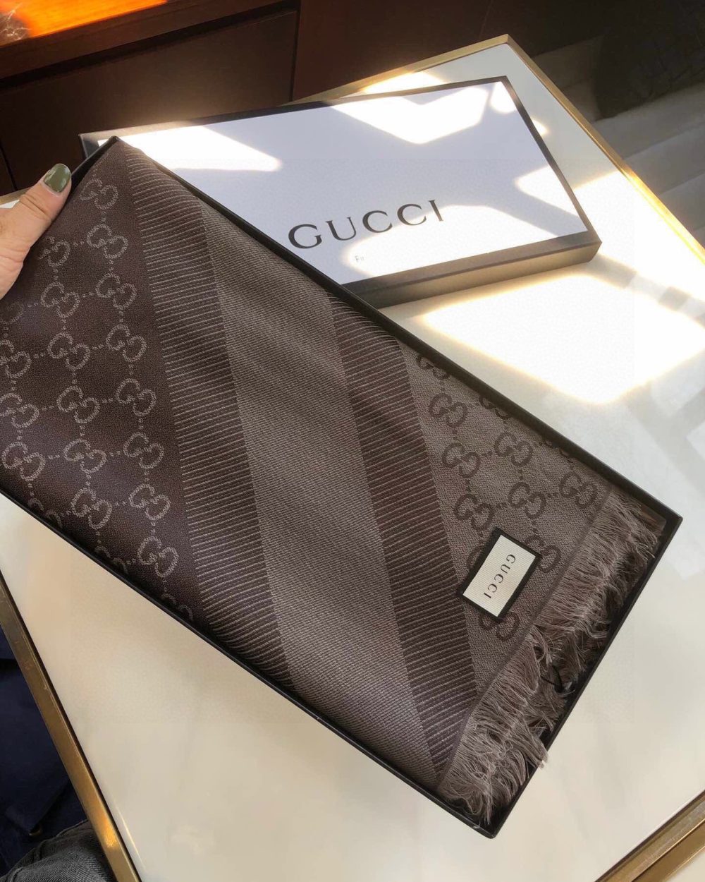Gucci GG Jacquard Silk Wool Shawl Grey/Brown 55in/140cm