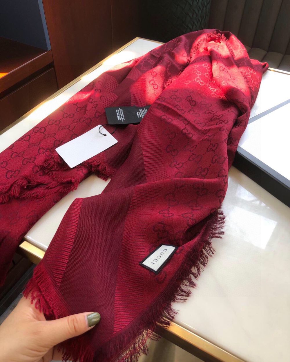 Gucci GG Jacquard Silk Wool Shawl Red 55in/140cm
