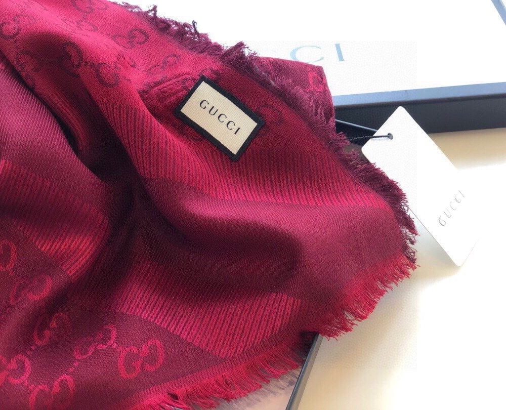 Gucci GG Jacquard Silk Wool Shawl Red 55in/140cm