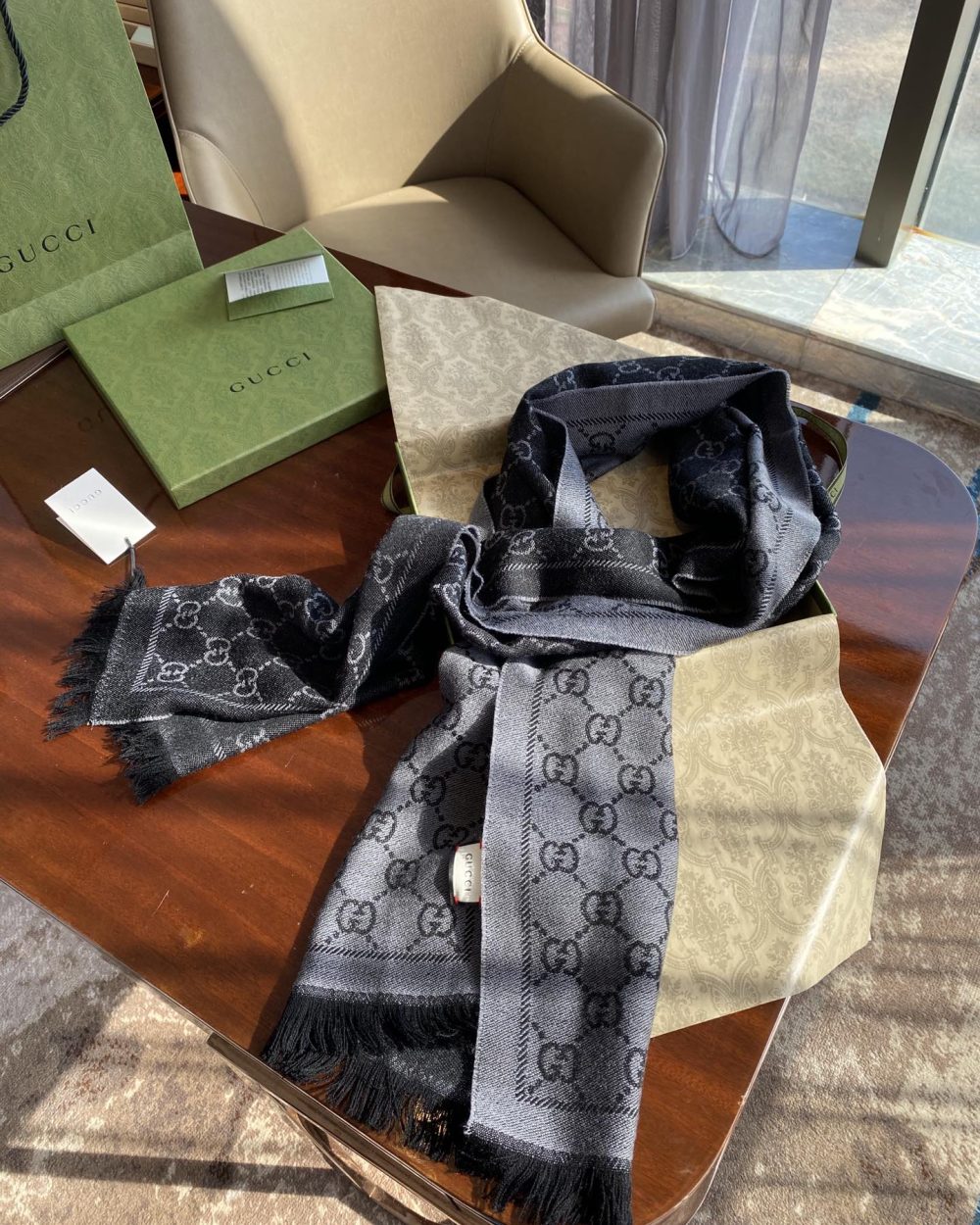 Gucci GG Lamé Lacquard Stole Scarf Black 71in/180cm 