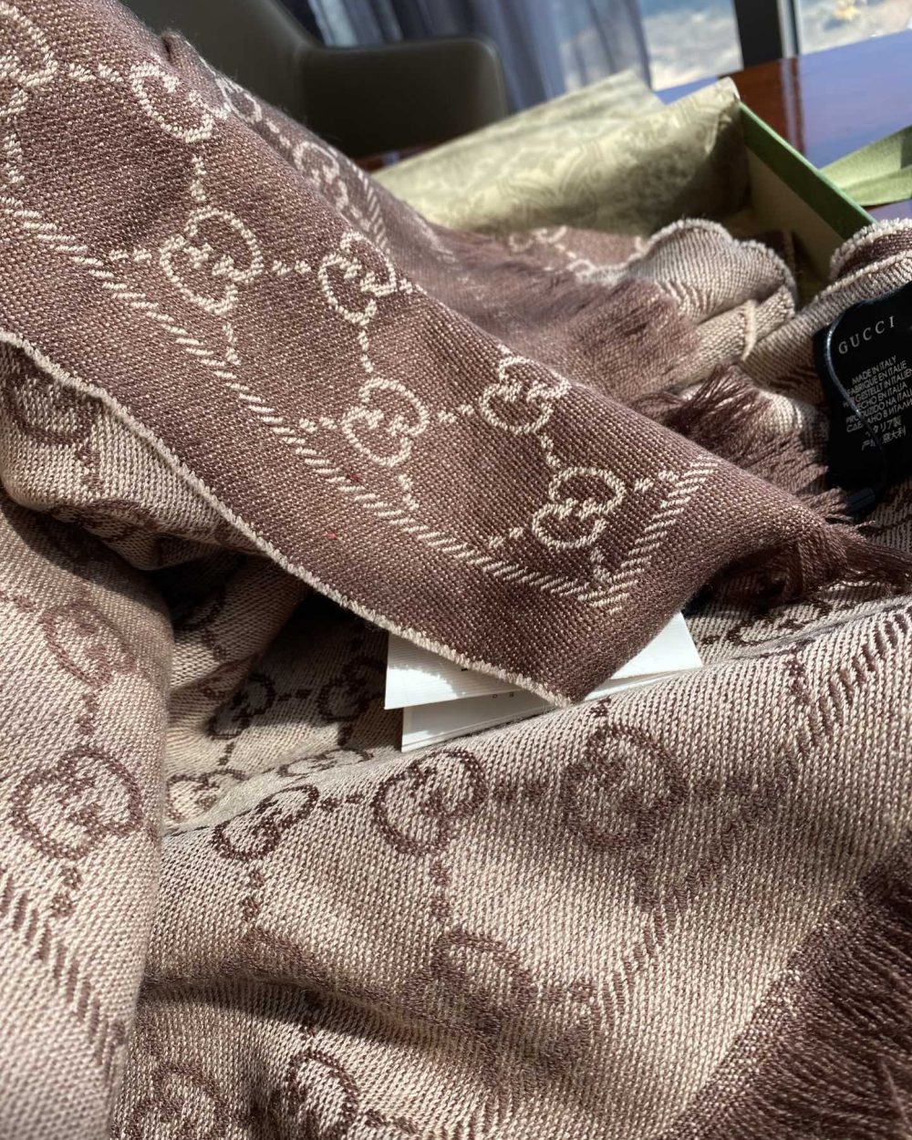 Gucci GG Lamé Lacquard Stole Scarf Brown 71in/180cm 