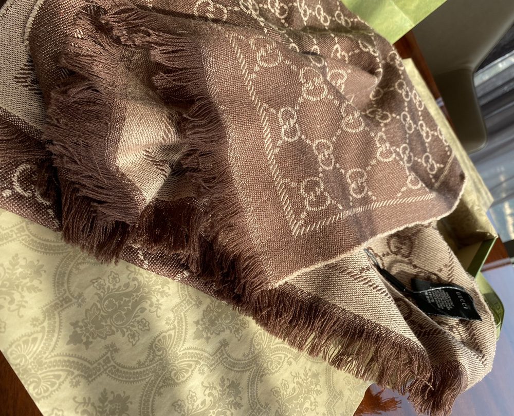 Gucci GG Lamé Lacquard Stole Scarf Brown 71in/180cm 