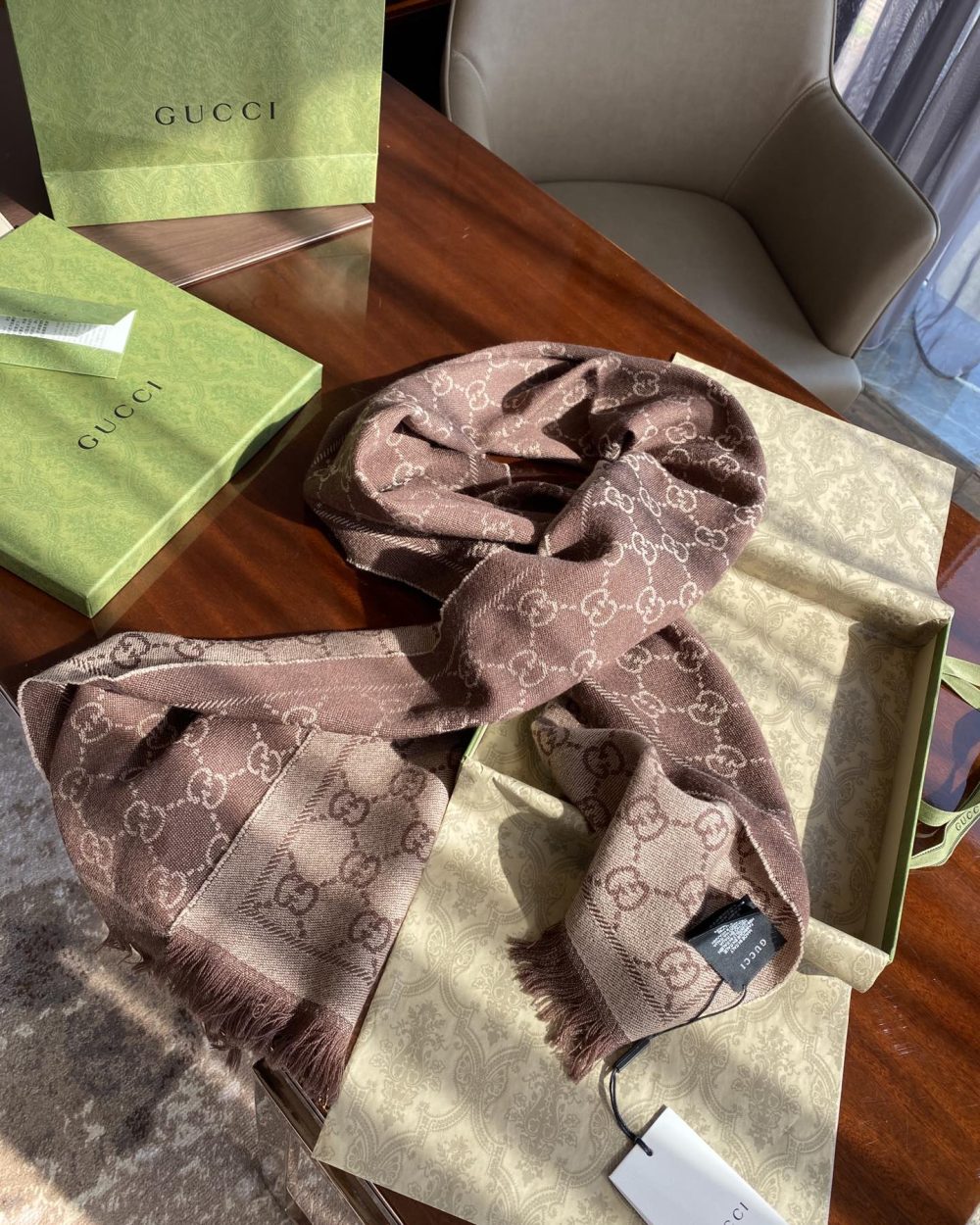 Gucci GG Lamé Lacquard Stole Scarf Brown 71in/180cm 