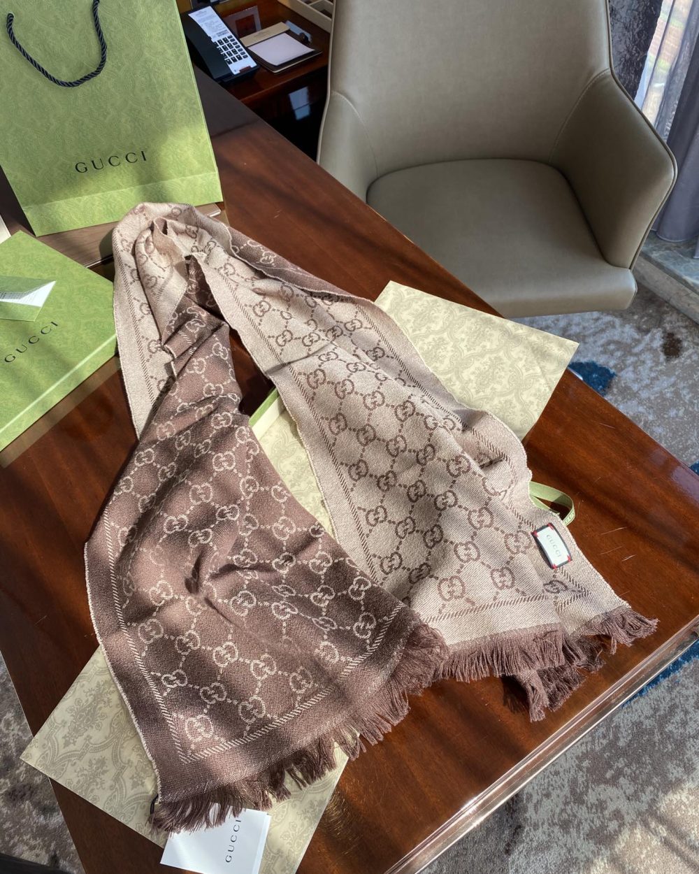 Gucci GG Lamé Lacquard Stole Scarf Brown 71in/180cm 