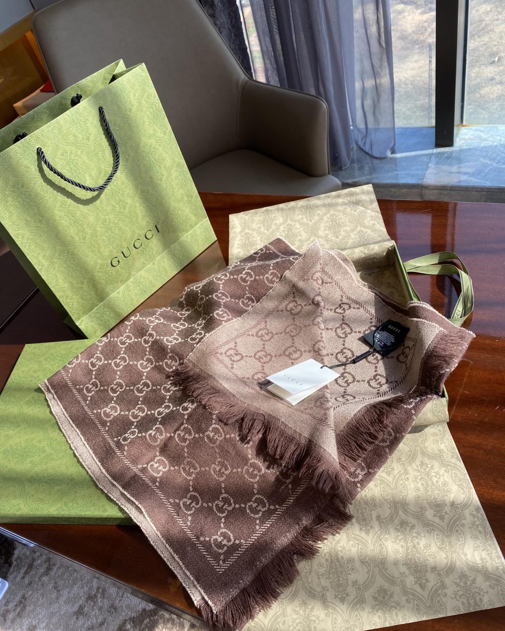 Gucci GG Lamé Lacquard Stole Scarf Brown 71in/180cm 