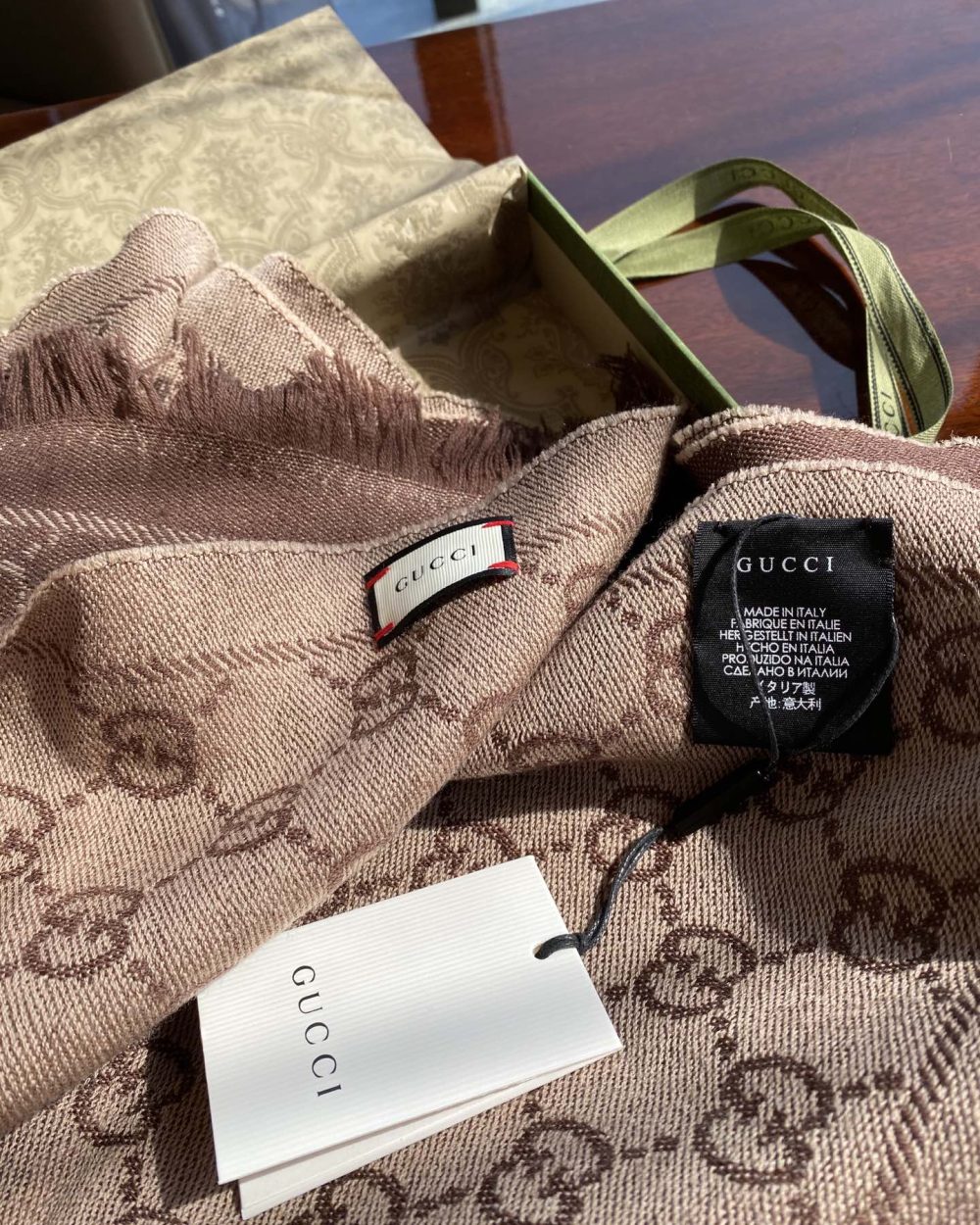 Gucci GG Lamé Lacquard Stole Scarf Brown 71in/180cm 