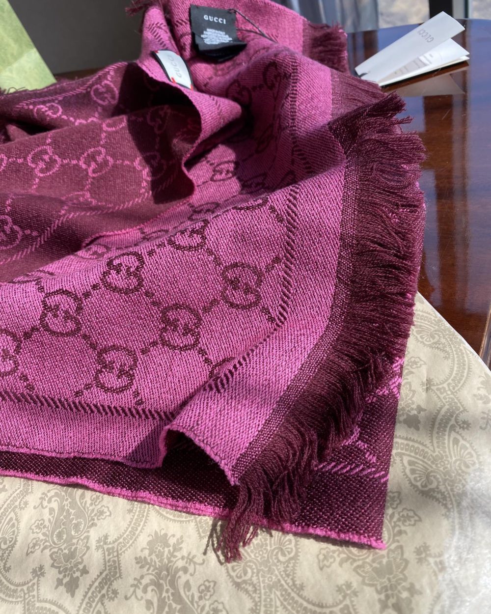 Gucci GG Lamé Lacquard Stole Scarf Purple 71in/180cm 