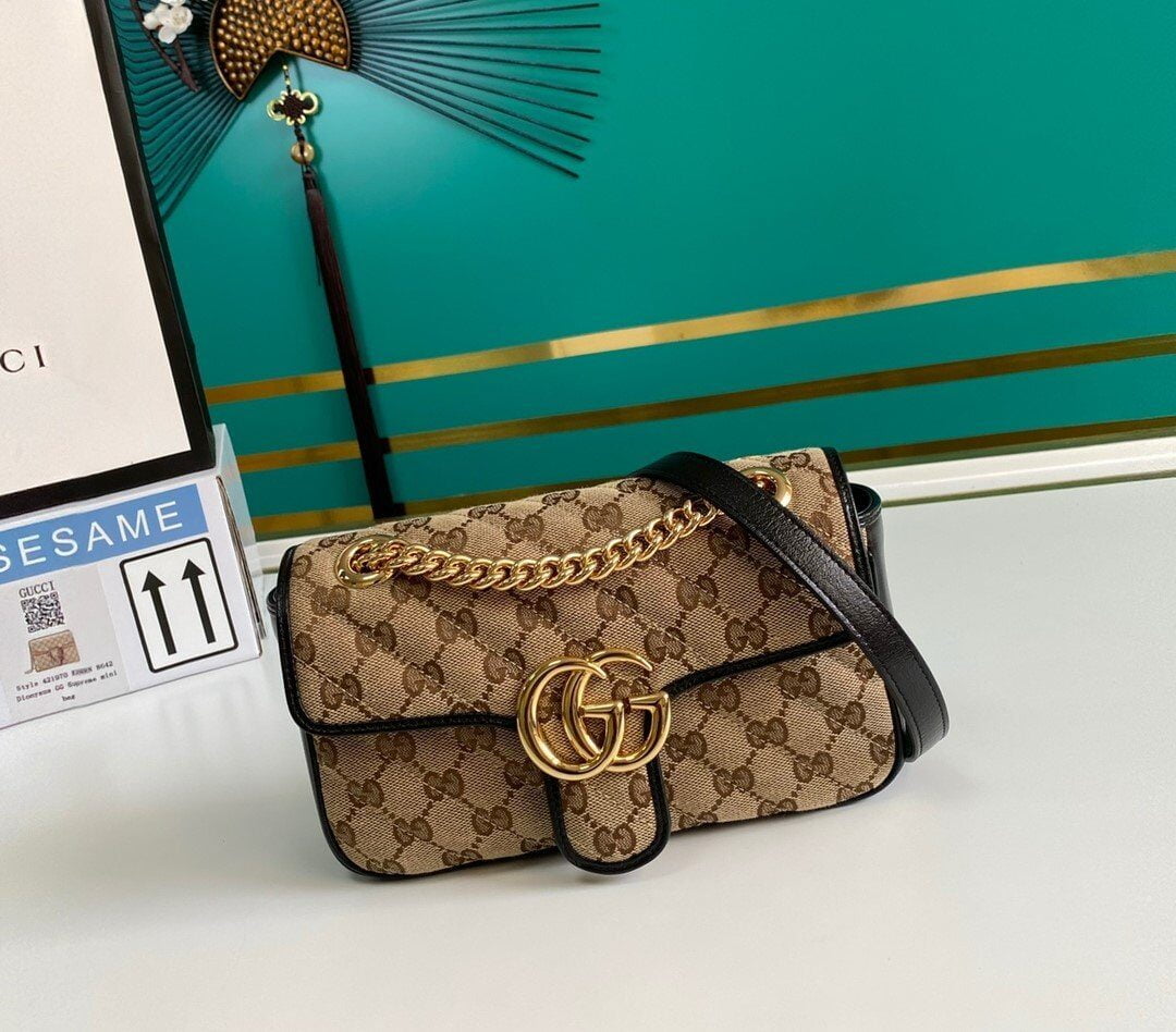 1:1 Replica Gucci GG Marmont Matelassé Mini Bag Beige/Ebony Diagonal Matelassé Original GG Canvas For Women 8.5in/22cm 446744