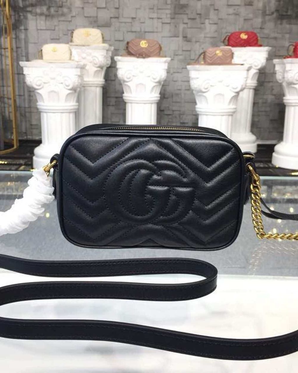 1:1 Replica Gucci GG Marmont Matelassé Mini Bag Black Matelassé Chevron For Women 7in/18cm GG 448065 DTD1T 1000