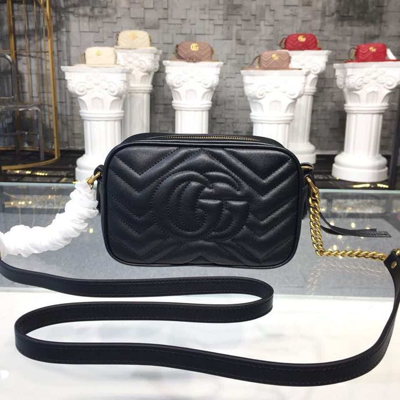 1:1 Replica Gucci GG Marmont Matelassé Mini Bag Black Matelassé Chevron For Women 7in/18cm GG 448065 DTD1T 1000 - Image 5