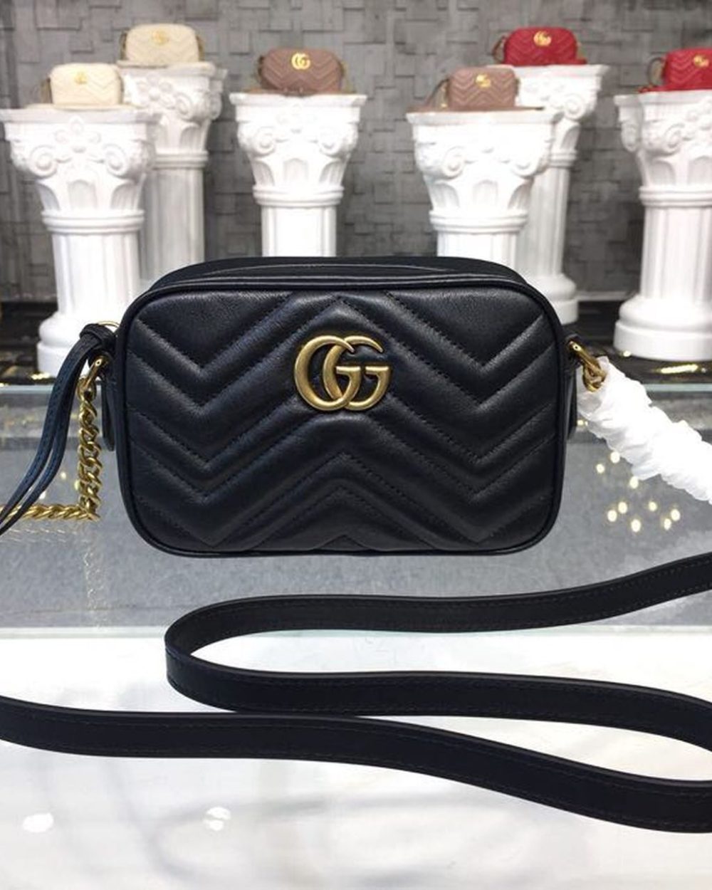 1:1 Replica Gucci GG Marmont Matelassé Mini Bag Black Matelassé Chevron For Women 7in/18cm GG 448065 DTD1T 1000