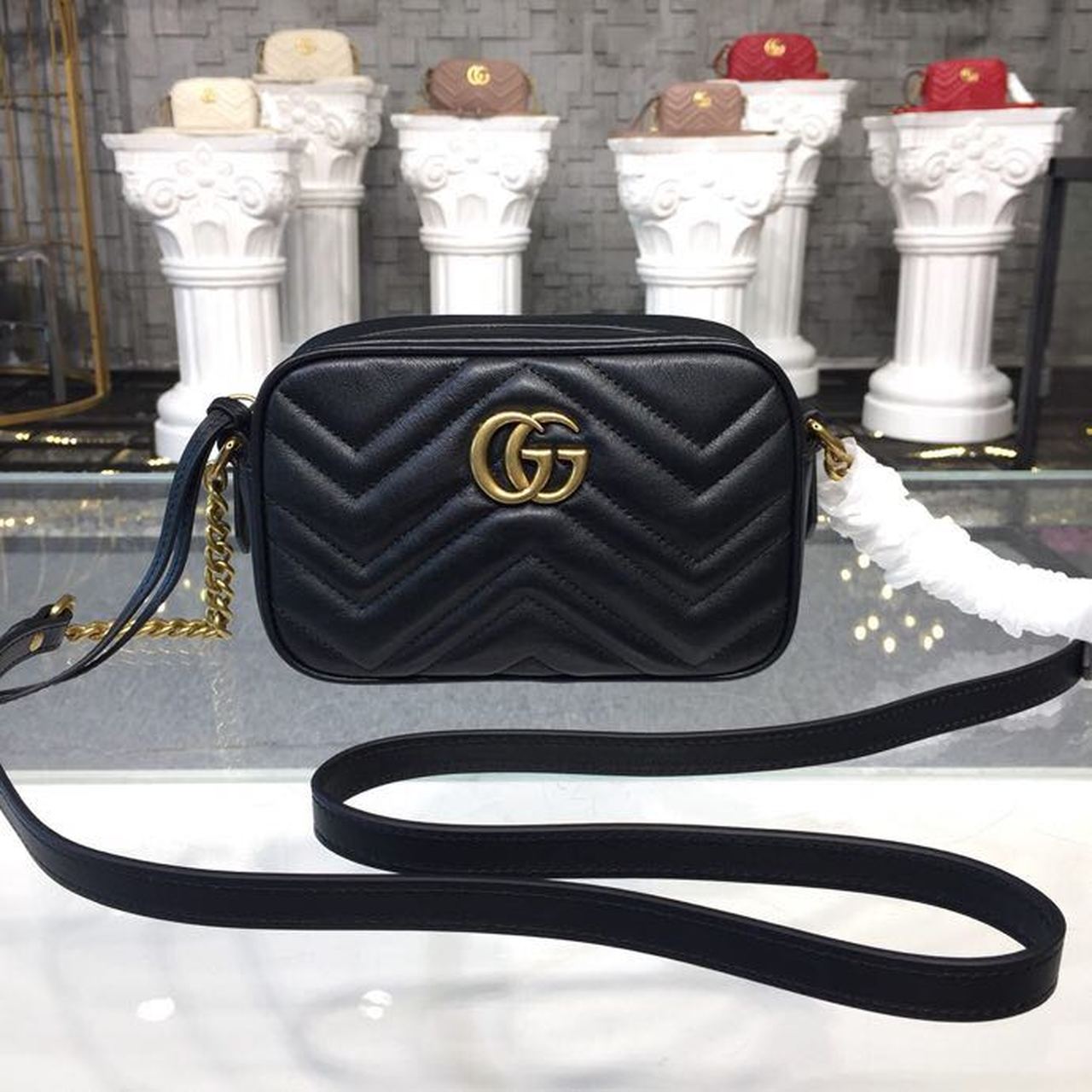 1:1 Replica Gucci GG Marmont Matelassé Mini Bag Black Matelassé Chevron For Women 7in/18cm GG 448065 DTD1T 1000