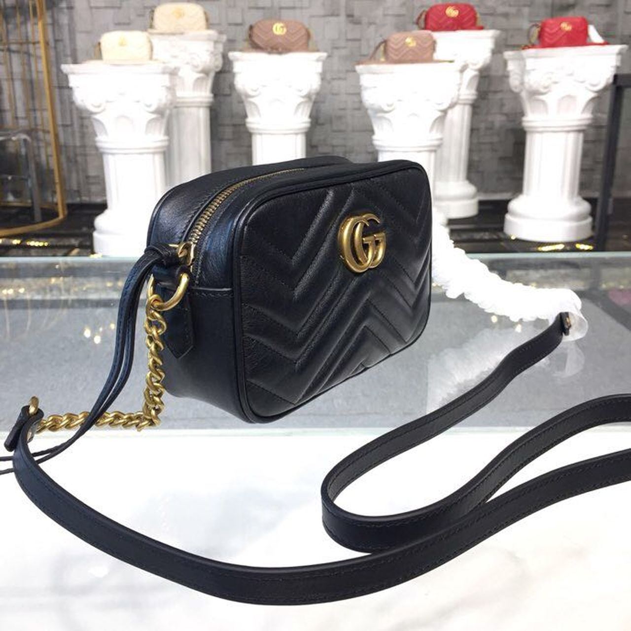 1:1 Replica Gucci GG Marmont Matelassé Mini Bag Black Matelassé Chevron For Women 7in/18cm GG 448065 DTD1T 1000 - Image 3