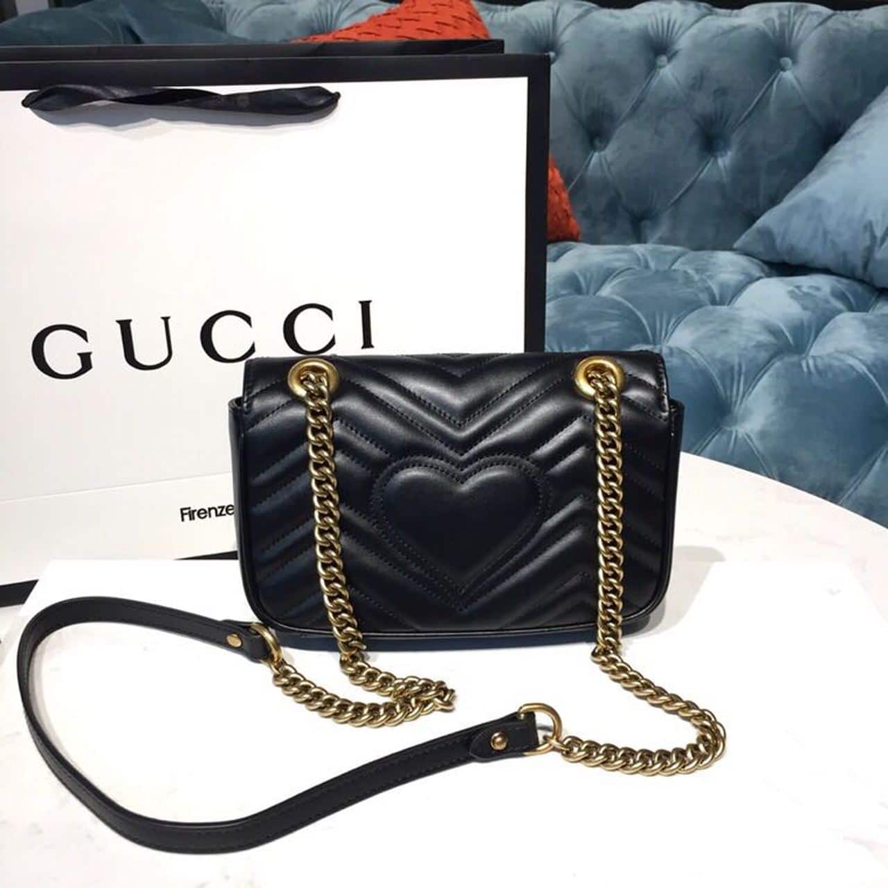 1:1 Replica Gucci GG Marmont Matelassé Mini Bag Black Matelassé Chevron With A Heart For Women 9in/22cm GG 446744 DTDIT 1000 - Image 5