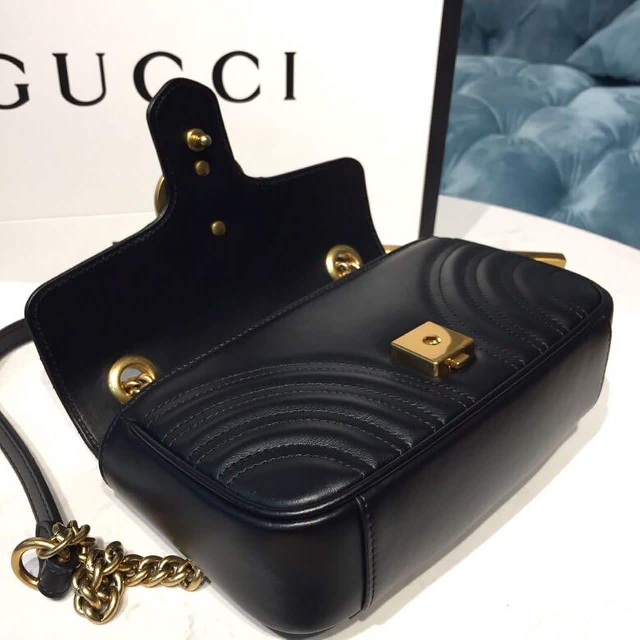 1:1 Replica Gucci GG Marmont Matelassé Mini Bag Black Matelassé Chevron With A Heart For Women 9in/22cm GG 446744 DTDIT 1000 - Image 14