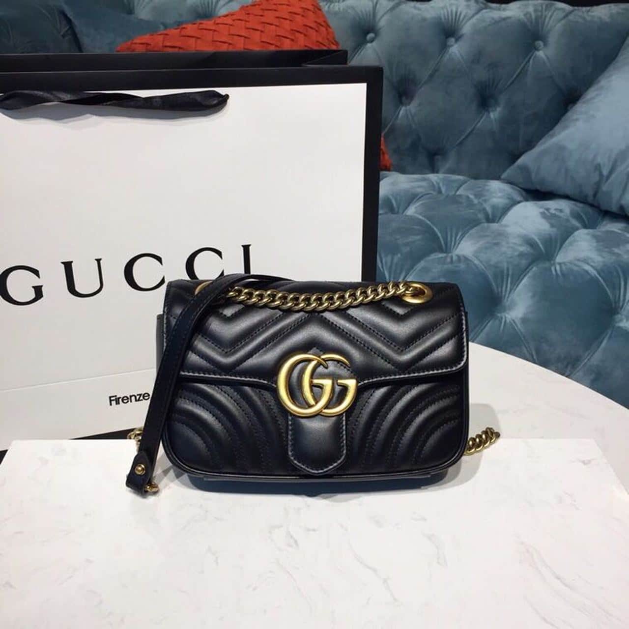 1:1 Replica Gucci GG Marmont Matelassé Mini Bag Black Matelassé Chevron With A Heart For Women 9in/22cm GG 446744 DTDIT 1000 - Image 2