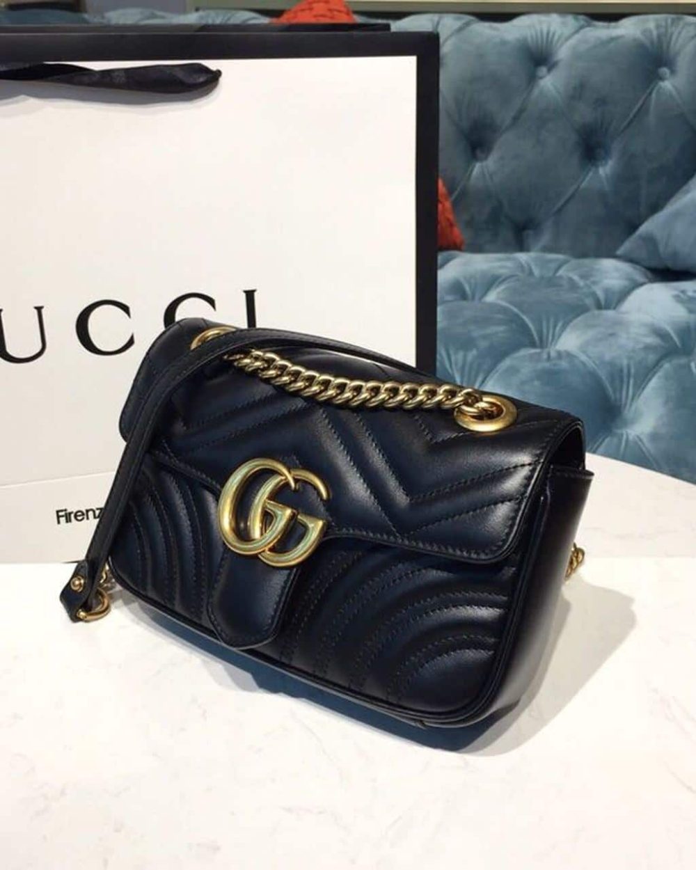 1:1 Replica Gucci GG Marmont Matelassé Mini Bag Black Matelassé Chevron With A Heart For Women 9in/22cm GG 446744 DTDIT 1000