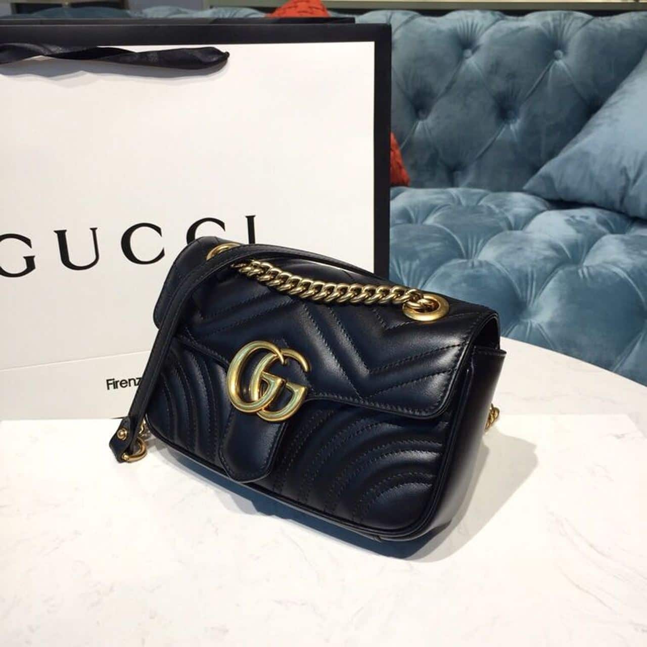 1:1 Replica Gucci GG Marmont Matelassé Mini Bag Black Matelassé Chevron With A Heart For Women 9in/22cm GG 446744 DTDIT 1000 - Image 3