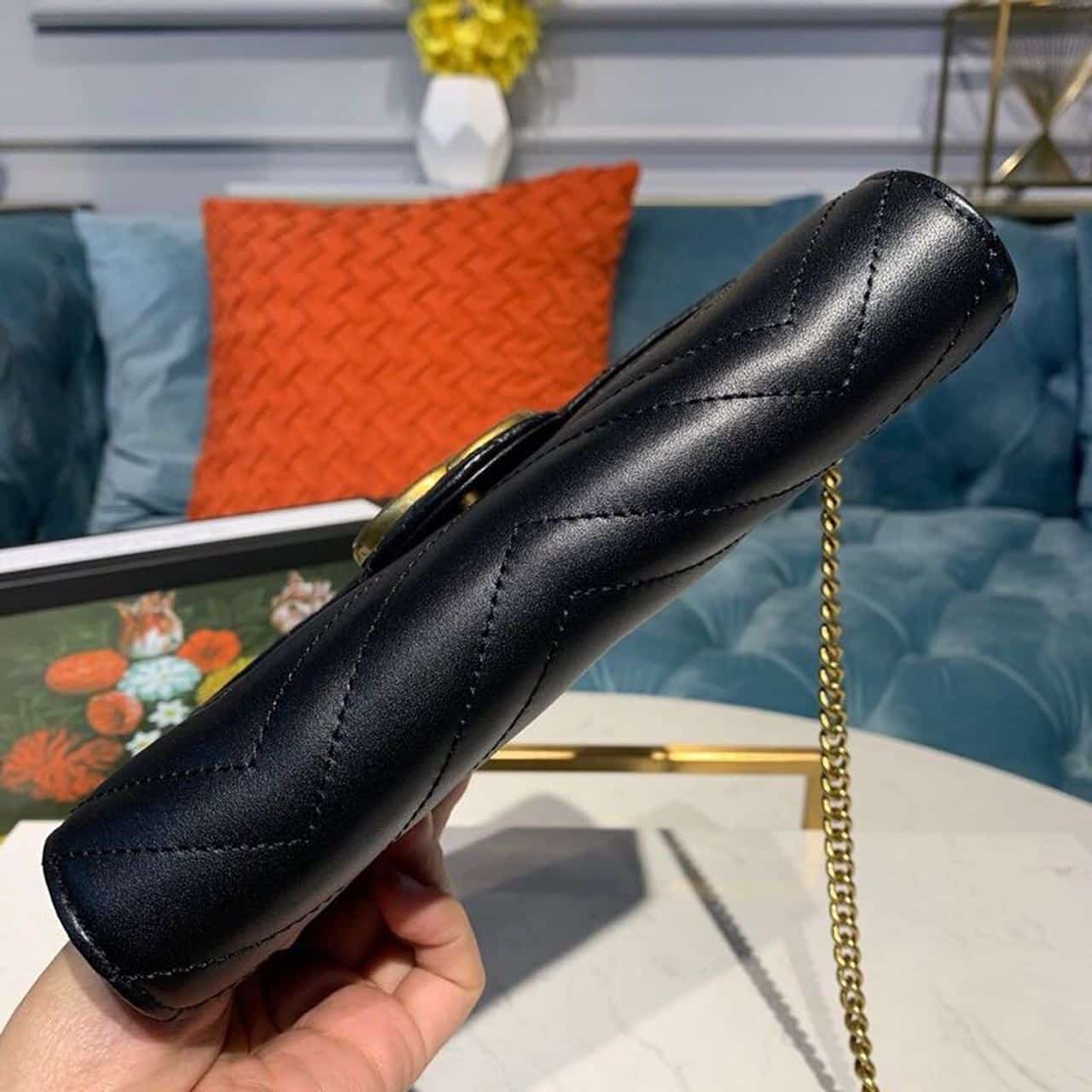 1:1 Replica Gucci GG Marmont Matelassé Mini Bag Black Matelassé Chevron With GG On The Back For Women 8in/20cm GG 474575 DTD1T 1000 - Image 5