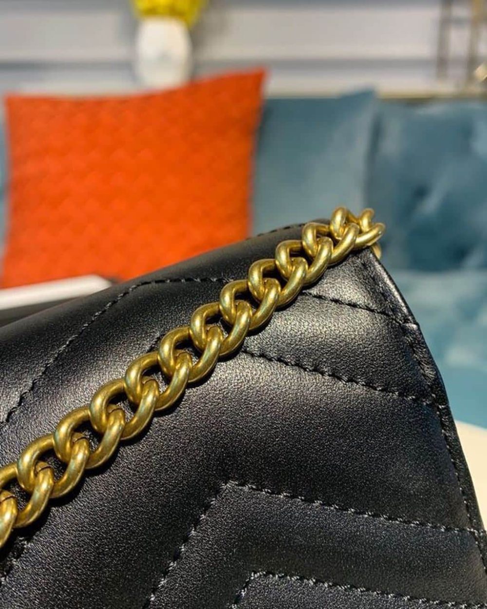 1:1 Replica Gucci GG Marmont Matelassé Mini Bag Black Matelassé Chevron With GG On The Back For Women 8in/20cm GG 474575 DTD1T 1000