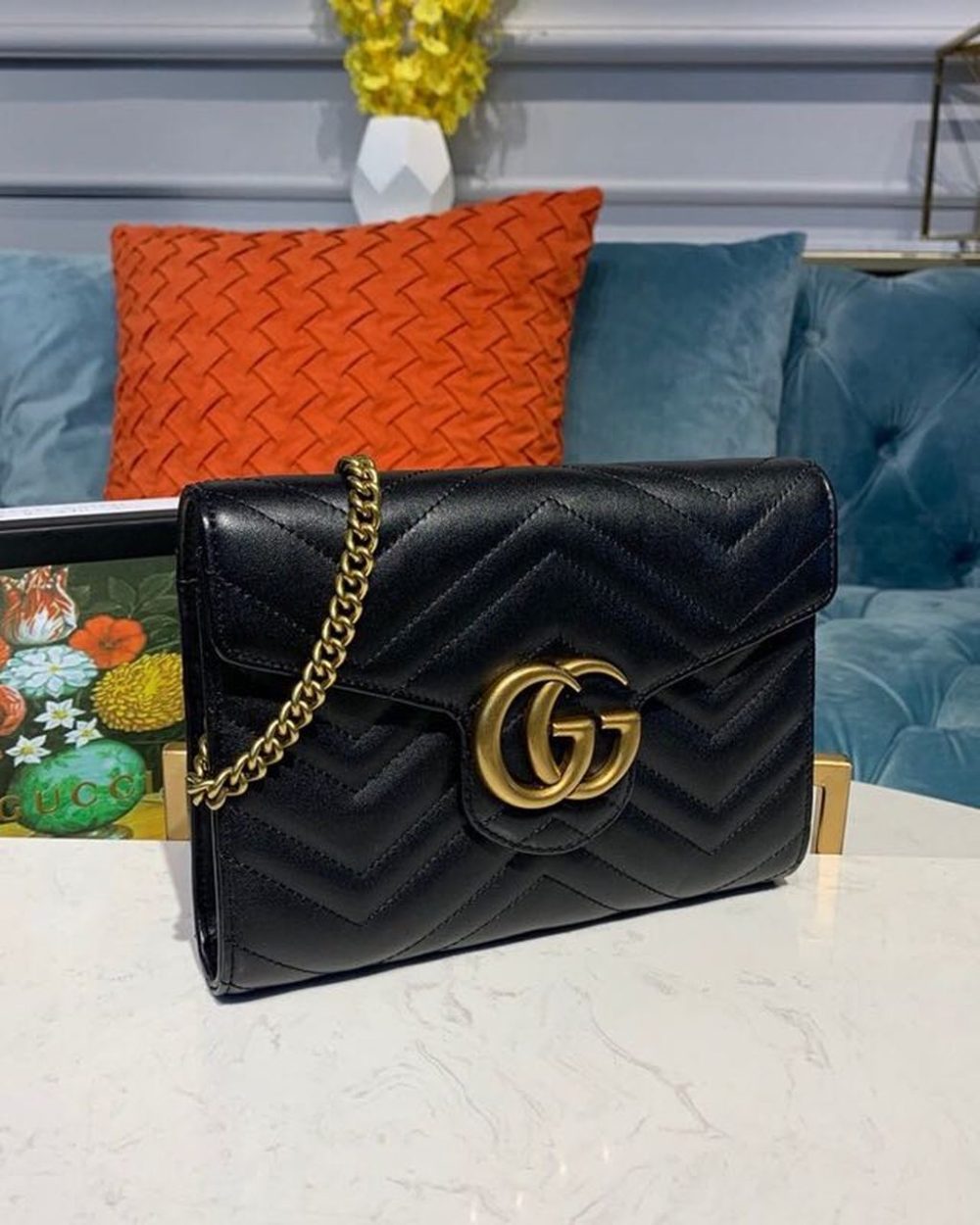 1:1 Replica Gucci GG Marmont Matelassé Mini Bag Black Matelassé Chevron With GG On The Back For Women 8in/20cm GG 474575 DTD1T 1000