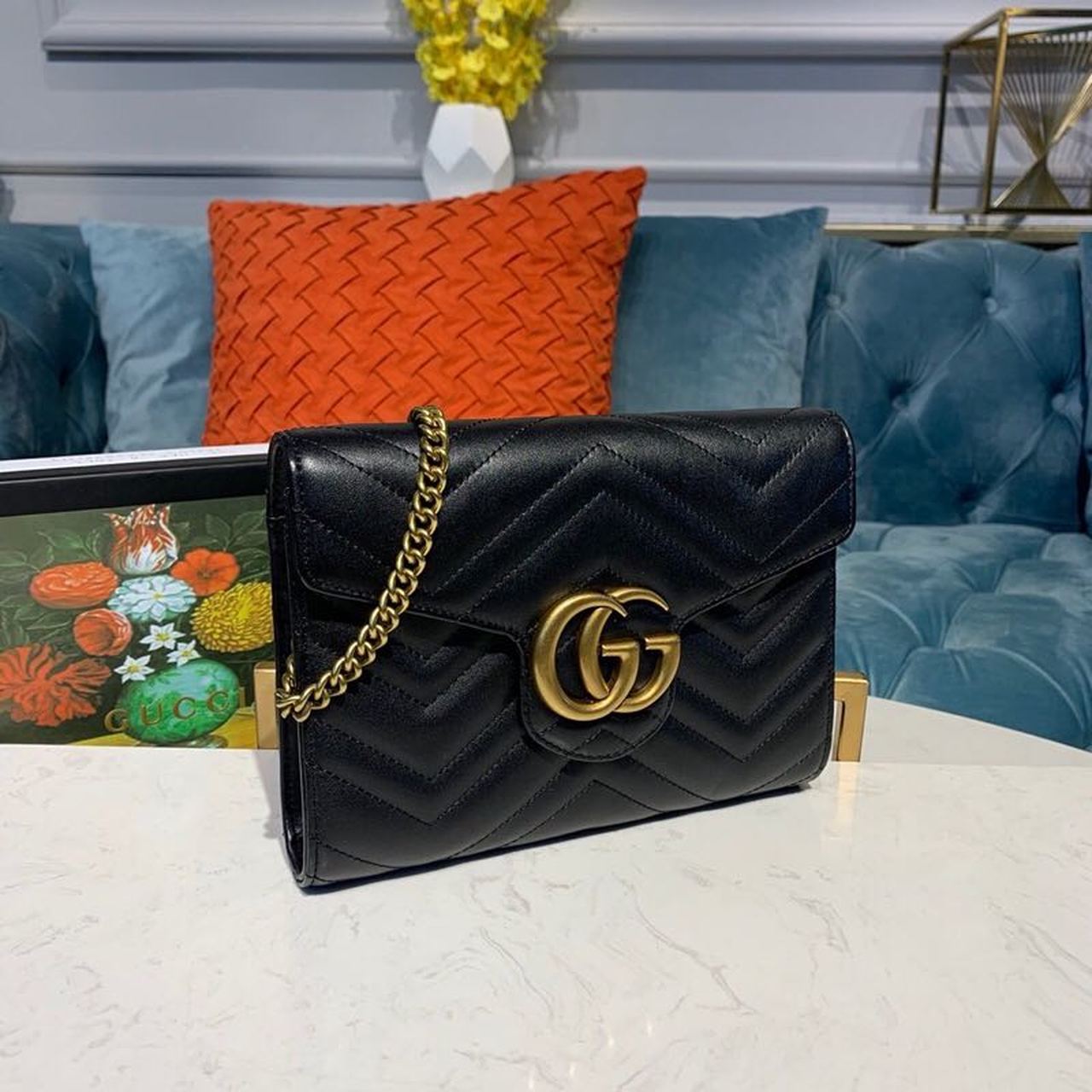 1:1 Replica Gucci GG Marmont Matelassé Mini Bag Black Matelassé Chevron With GG On The Back For Women 8in/20cm GG 474575 DTD1T 1000 - Image 4