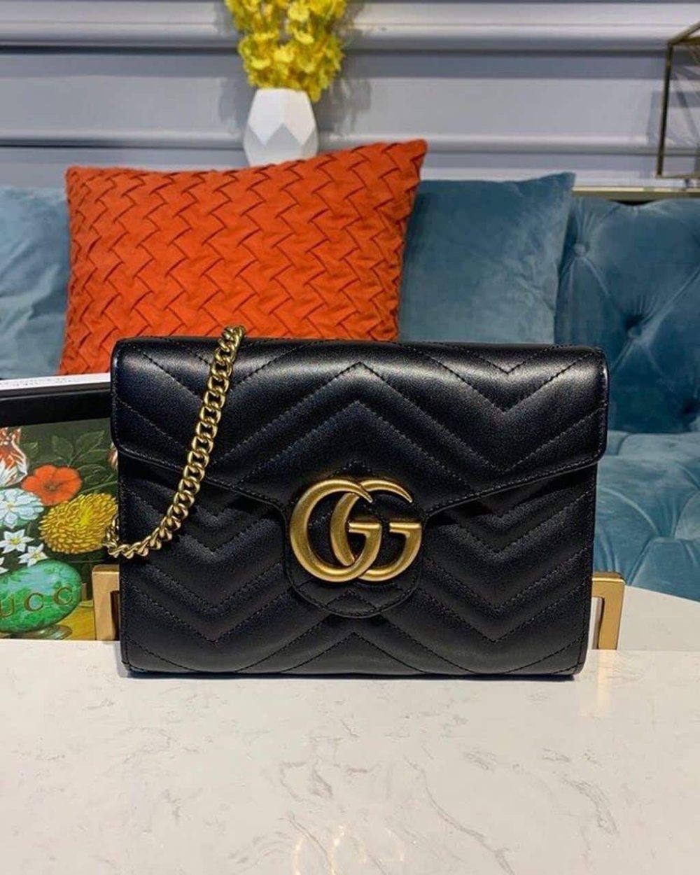 1:1 Replica Gucci GG Marmont Matelassé Mini Bag Black Matelassé Chevron With GG On The Back For Women 8in/20cm GG 474575 DTD1T 1000