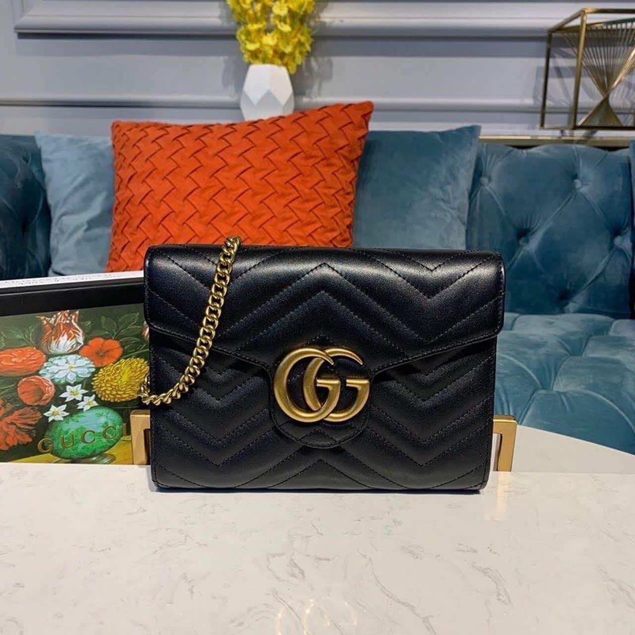 1:1 Replica Gucci GG Marmont Matelassé Mini Bag Black Matelassé Chevron With GG On The Back For Women 8in/20cm GG 474575 DTD1T 1000 - Image 2