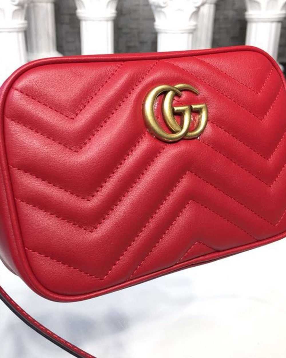 1:1 Replica Gucci GG Marmont Matelassé Mini Bag Hibiscus Red Matelassé Chevron For Women 7in/18cm GG