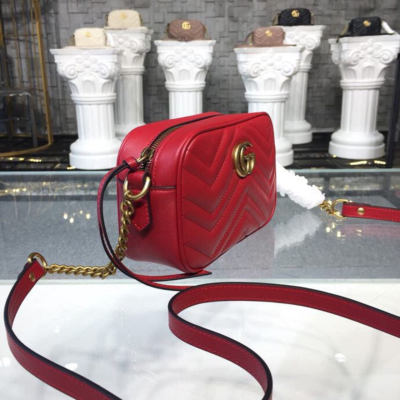 1:1 Replica Gucci GG Marmont Matelassé Mini Bag Hibiscus Red Matelassé Chevron For Women 7in/18cm GG - Image 4