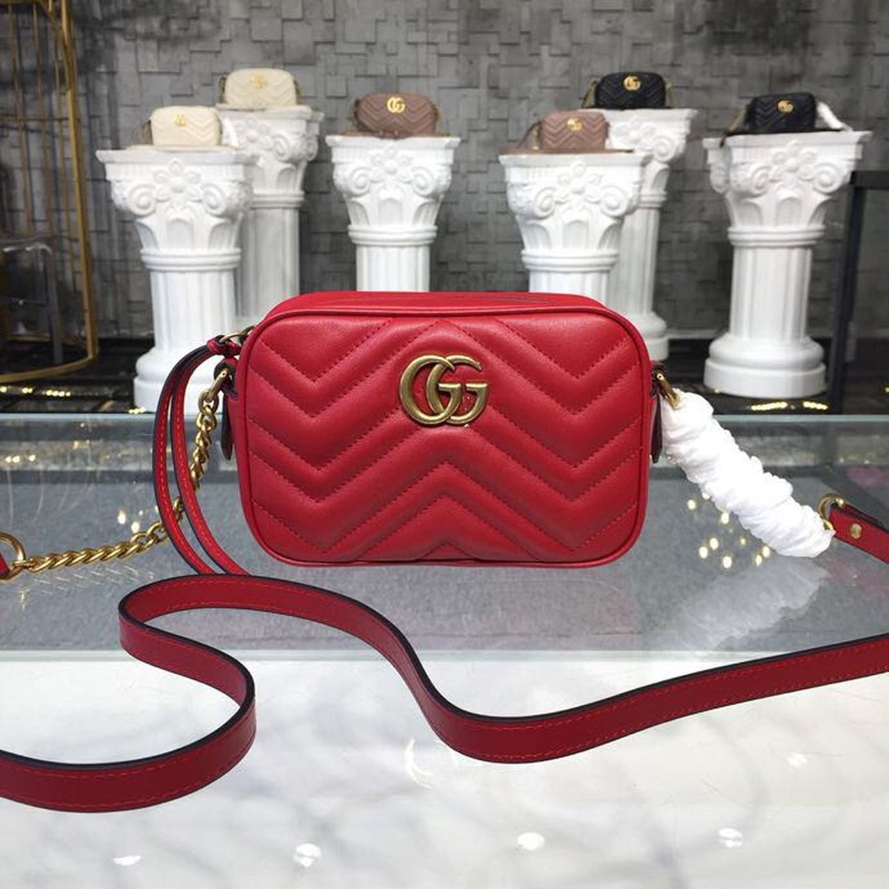 1:1 Replica Gucci GG Marmont Matelassé Mini Bag Hibiscus Red Matelassé Chevron For Women 7in/18cm GG